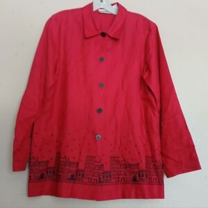 100% Linen Coldwater Creek Top Small Button Down Tunic City Scape Embroidered